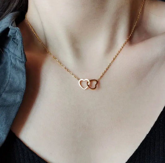 Anti-Tarnish Double Heart Interlocked Necklace